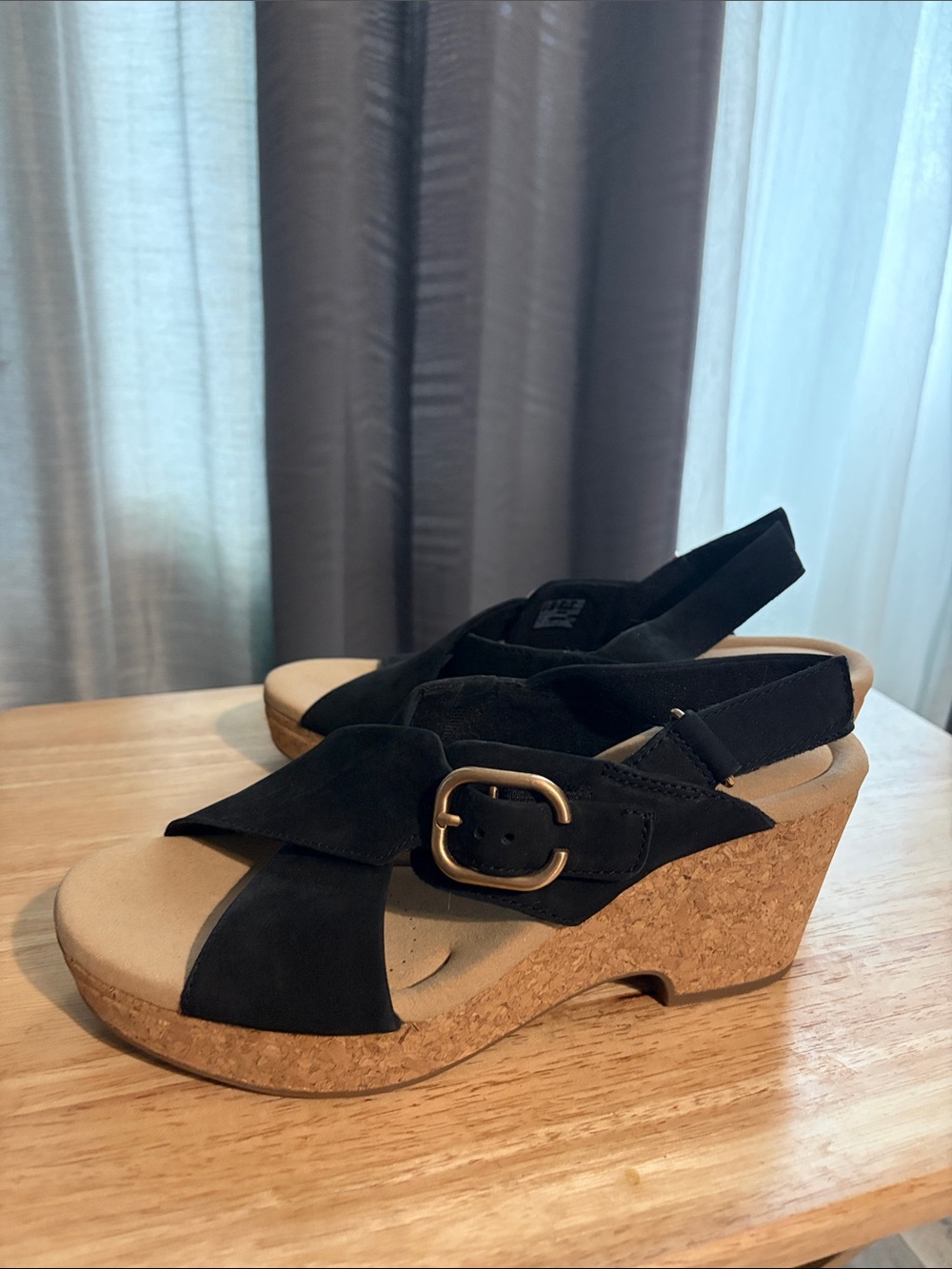 Clarks Womens Giselle Dove Black Suede Cork Wedge Sandals with Buckle.Never worn